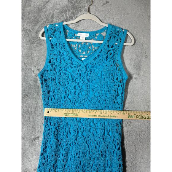 House of Harlow Blue Lace Open Knit Midi Bodycon Dress XS Lined Crochet Colorful - Picture 12 of 16